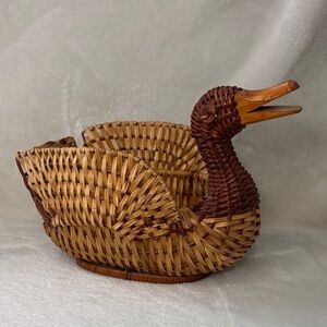 Vintage Two Tone Woven Duck Basket Brown and Tan Trinket Dish Basket Shelf Decor